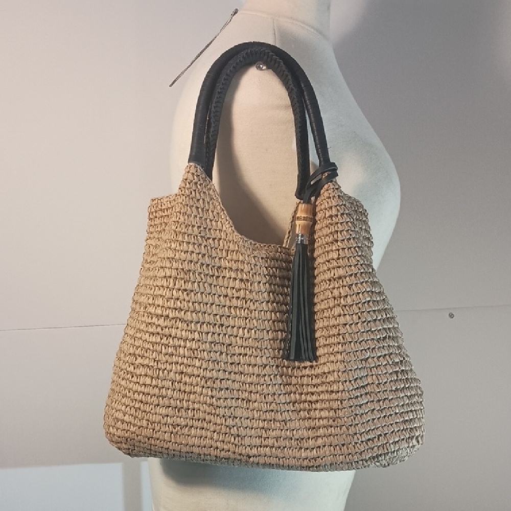 Tommy Bahama Tan Woven Shoulder Bag with Black Handles